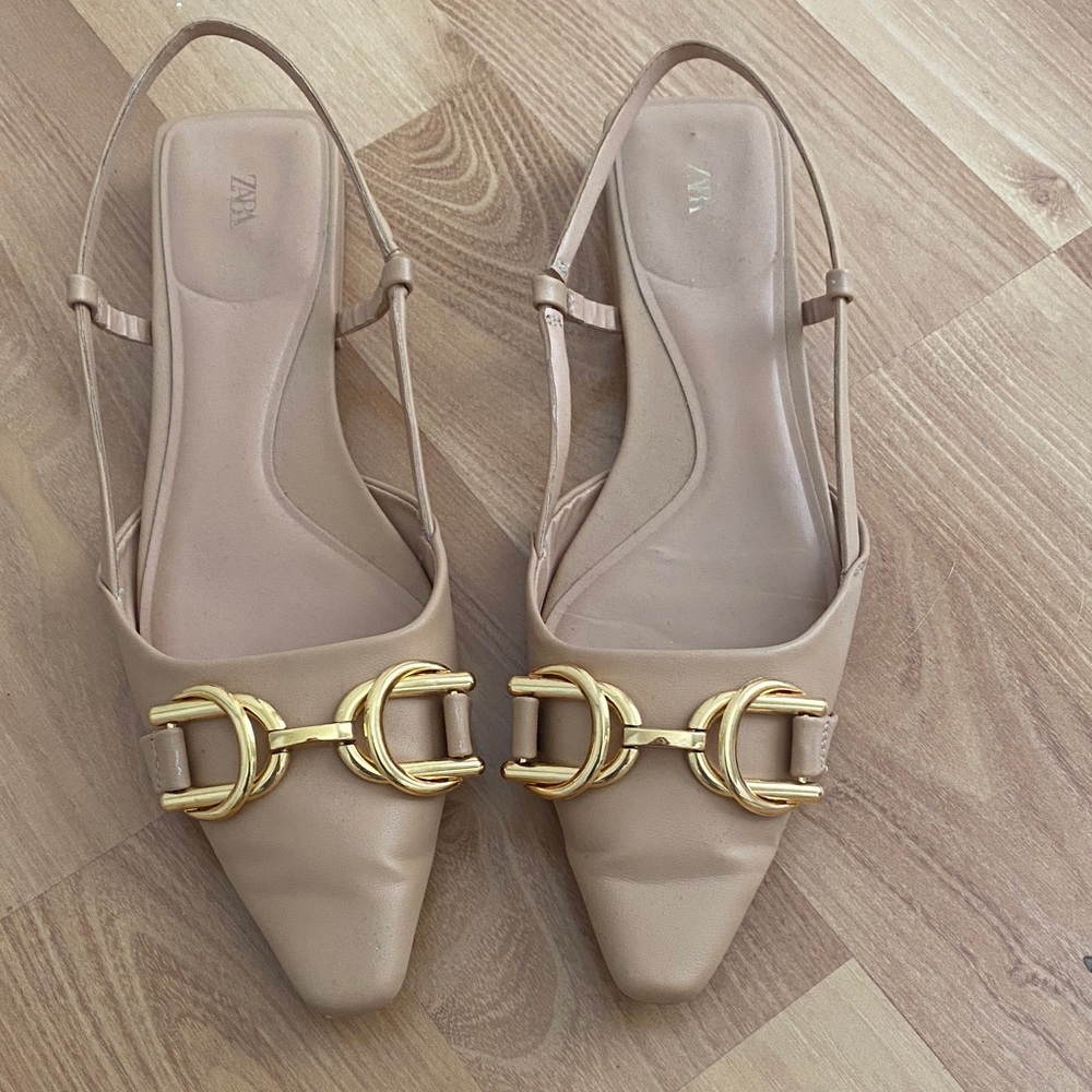 Zara Tan Flats with Gold Buckle